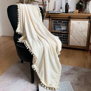 Light Cream Neutral Trendy Cute Pompom Fringe Chic Cozy Soft Throw Blanket